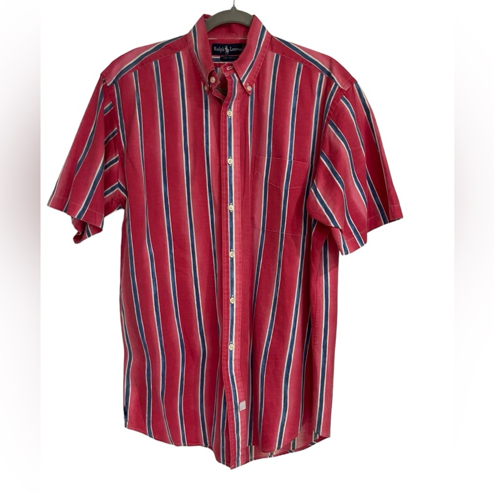 Ralph Lauren Short Sleeve Button Down Red w White Blue Stripe 100% Cotton Med